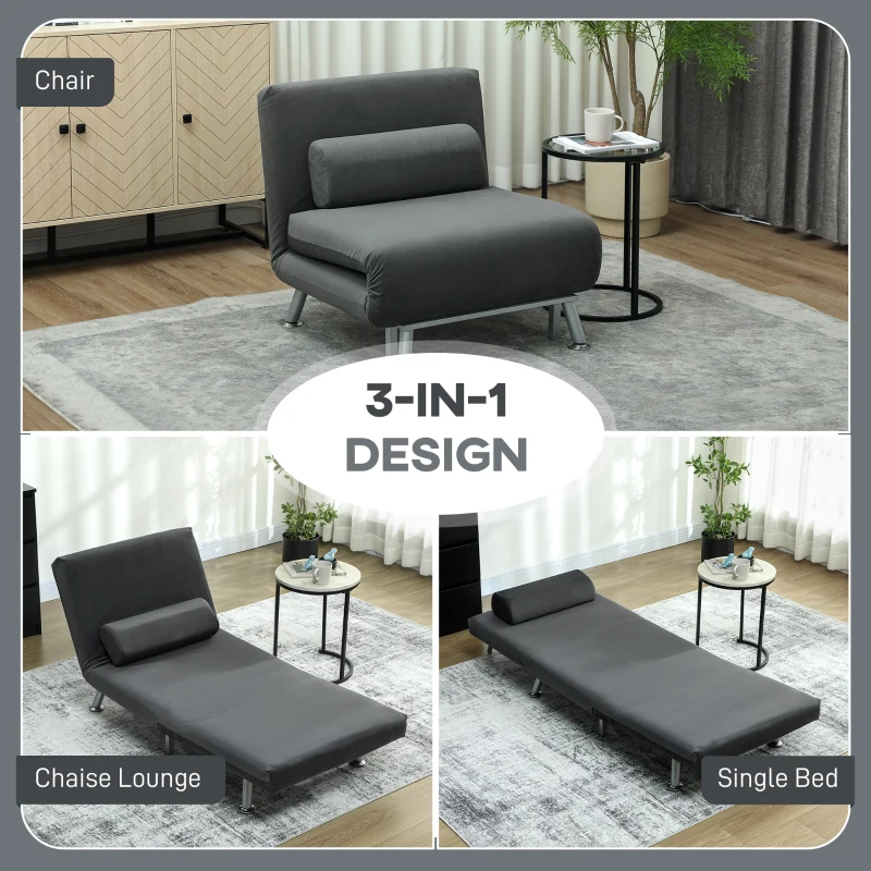 HOMCOM Opklapbare stoel met bedfunctie, opvouwbare relaxstoel in velvet-look, Verstelbare rugleuning, 75 x 70 x 75 cm, Donkergrijs