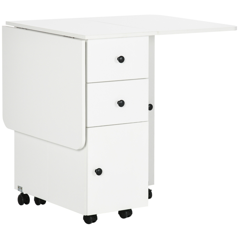 HOMCOM Mesa de Jantar Dobrável com Rodas Mesa Abatível com 2 Gavetas e Armário Mesa Auxiliar Multifuncional 120x60x76,5cm Branco
