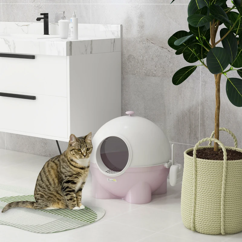 PawHut Litière pour Chats 4kg Max avec Couvercle et Pelle Inclus, 53x51x48 cm, Blanc et Rose
