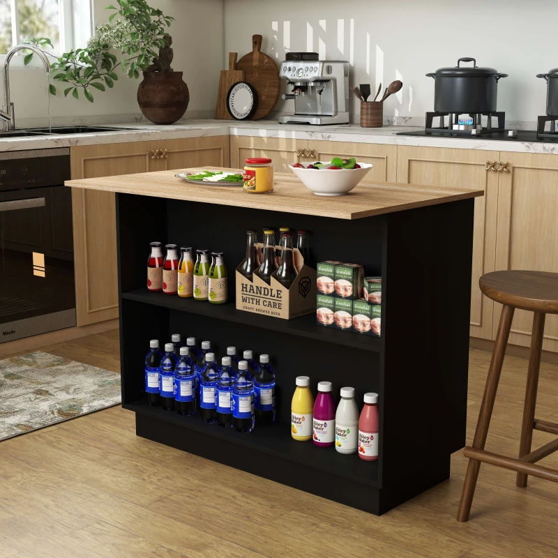 HOMCOM Isola per Cucina con 2 Ripiani Aperti e 2 Armadietti, in MDF, 105x60x82 cm, color Rovere e Nero