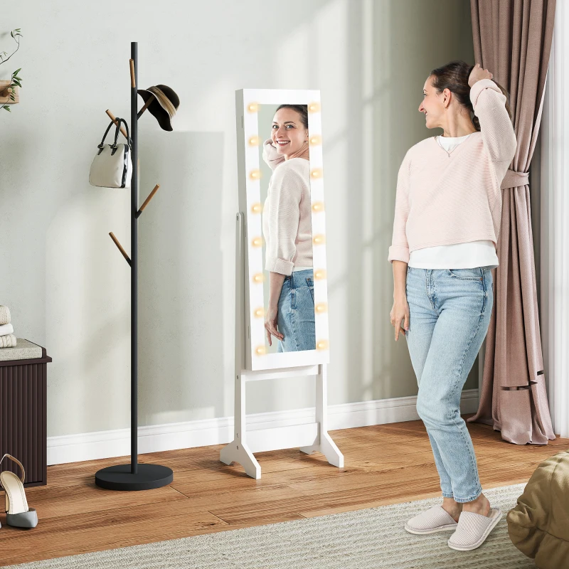 HOMCOM Armoire à bijoux armoire de rangement sur pieds boîte à bijoux avec miroir multi-rangements éclairage LED blanc