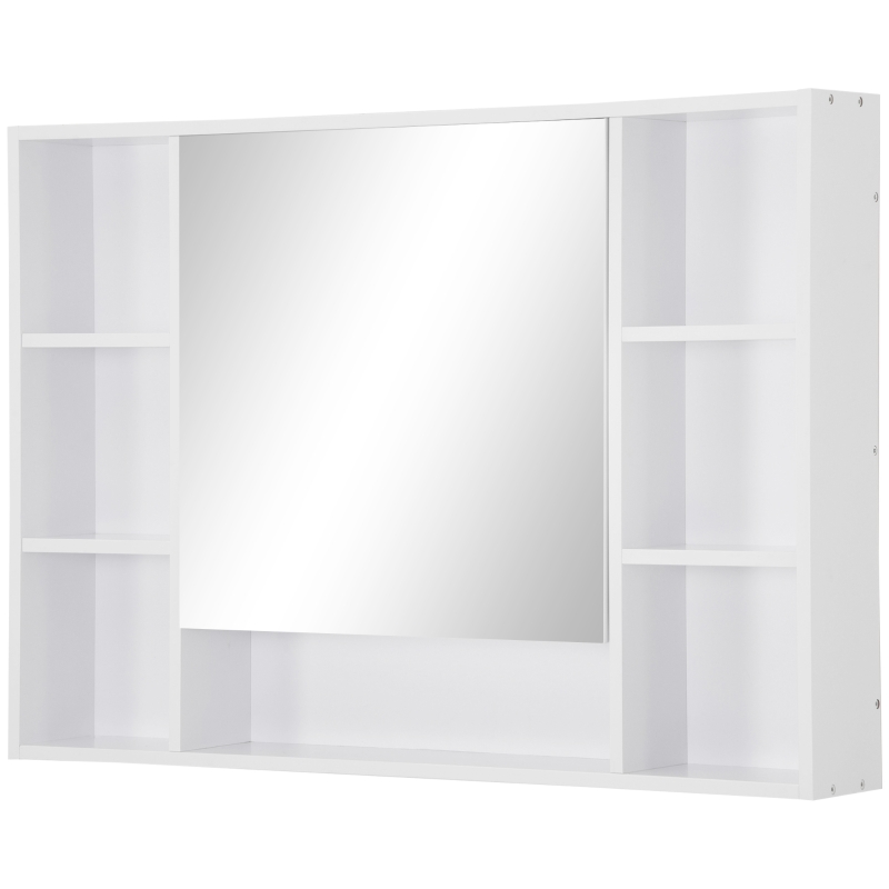 kleankin Armario de Baño de Pared con Espejo Puerta Estantes Abiertos 100x15x70 cm Blanco
