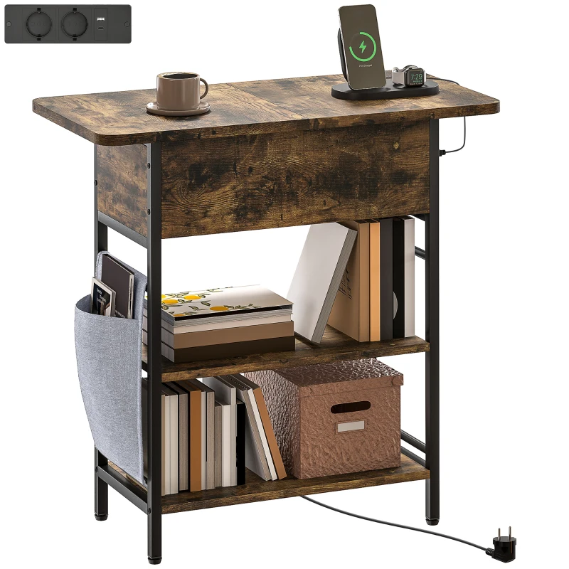 HOMCOM Tavolino Comodino con Striscia Presa, 2 Ripiani, Porte USB Spazio di Stoccaggio 60 x 29,8 x 58,5 cm Marrone Rustico