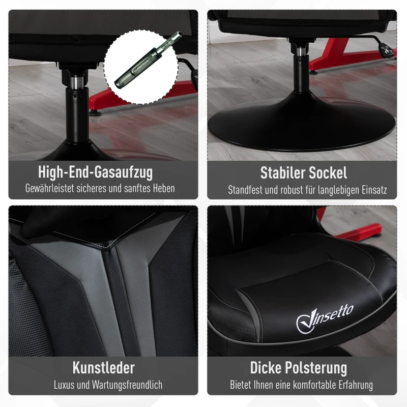 Vinsetto Gaming Stuhl ergonomischer Computerstuhl mit Wippfunktion Drehstuhl höhenverstellbar Stahl Schwarz+Grau 67 x 70 x 106-112 cm