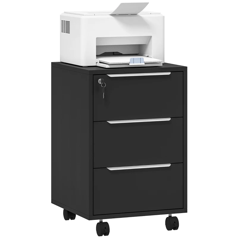 HOMCOM Mobiletto da ufficio su ruote con 3 cassetti e serratura, mobiletto archiviazione ufficio su ruote, 40 x 40 x 63,5 cm, nero