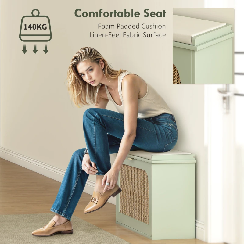 HOMCOM Boho Shoe Bench with Padded Seat and Flip-Drawer - Light Green