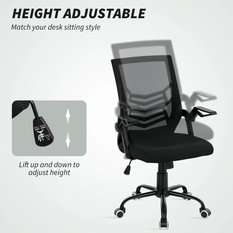 Vinsetto Mesh Office Chair, Computer Desk Chair with Flip-up Armrests, Lumbar Back Support and Swivel Wheels, Black