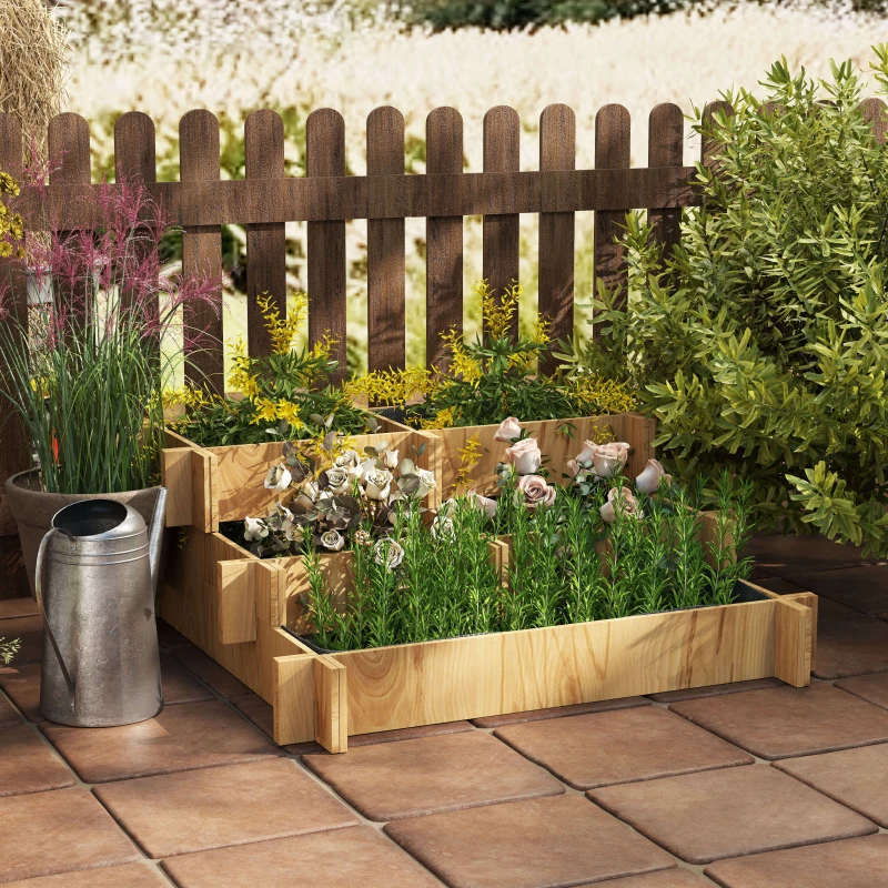 Outsunny Orto Rialzato a 3 Livelli in Legno d'Abete per Verdure, Fiori e Piante da Giardino 93x93x35 cm