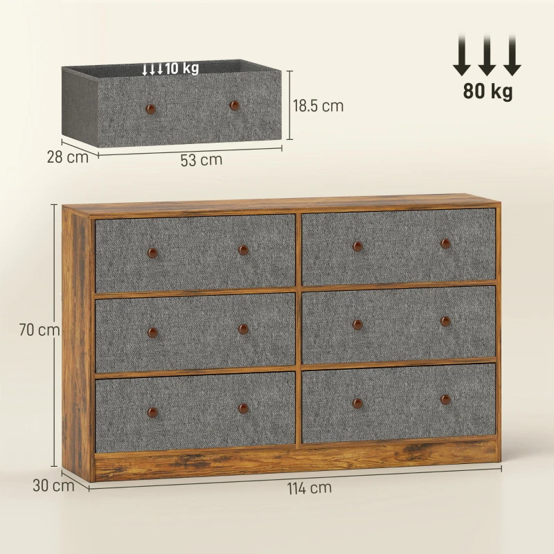 HOMCOM Chest of Drawers, Dresser with 6 Fabric Drawers - Grey and Rustic Brown