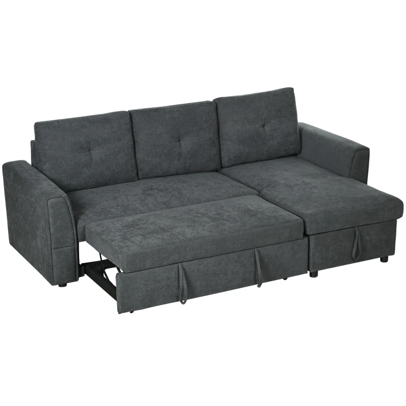 HOMCOM Divano Letto 3 Posti con Funzione Letto e Chaise Longue, Grigio Scuro
