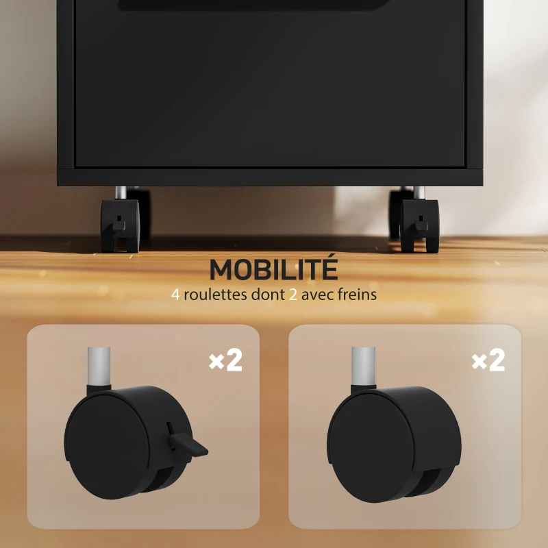 HOMCOM Caisson de bureau à roulettes avec 3 tiroirs et serrure, meuble rangement bureau sur roulettes, 40 x 40 x 63,5 cm, noir