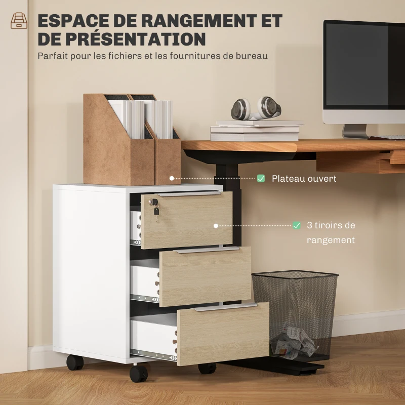 HOMCOM Caisson de bureau à roulettes avec 3 tiroirs et serrure, meuble rangement bureau sur roulettes, 40 x 40 x 63,5 cm, chêne