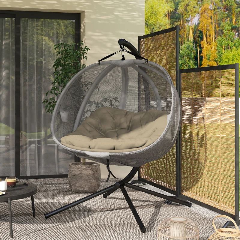 Outsunny Double Hanging Egg Chair 2 Seaters Texteline Swing Hammock Chair with Stand, Cushion and Folding Design, for Indoor and Outdoor, Brown