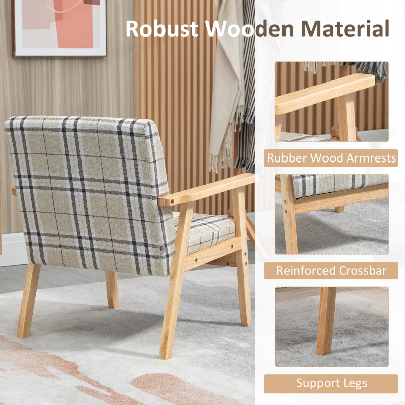 HOMCOM Modern One Seater Sofa for Living Room, Linen Fabric Small Couch with Rubber Wood Frame, Armrests, Lattice Pattern, Upholstered Armchair, Beige