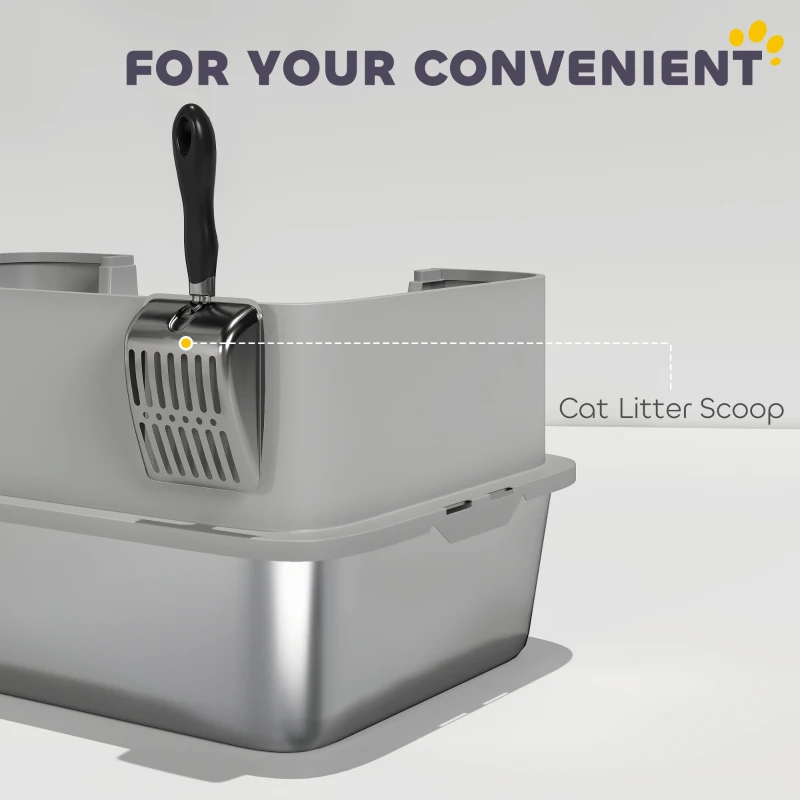 PawHut High Sided Stainless Steel Litter Box, Metal Cat Litter Tray with Metal Scoop, Litter Mat, Never Absorbs Odors, Grey