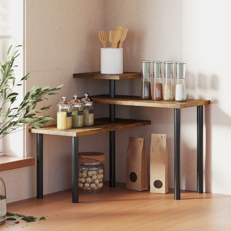 HOMCOM Scaffale Cucina a 3 Livelli Girevoli Salvaspazio in Legno e Acciaio, 40x10x36.5 cm, Marrone Rustico