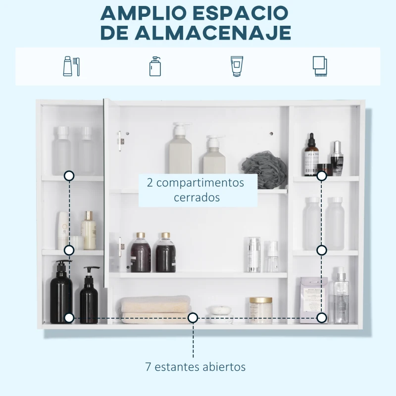 kleankin Armario de Baño de Pared con Espejo Puerta Estantes Abiertos 100x15x70 cm Blanco