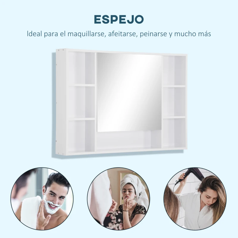 kleankin Armario de Baño de Pared con Espejo Puerta Estantes Abiertos 100x15x70 cm Blanco