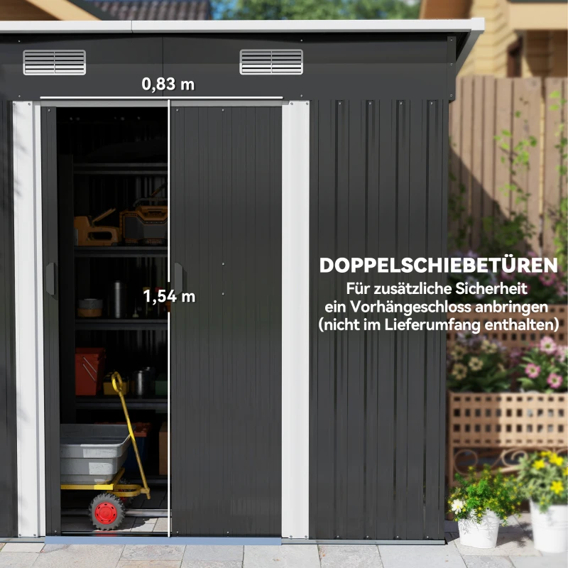 Outsunny Gerätehaus Metall 2,3 m² 207 x 130 x 182 cm Geräteschuppen mit Pultdach Fenster Bodenrahmen Schwarz(m-5)