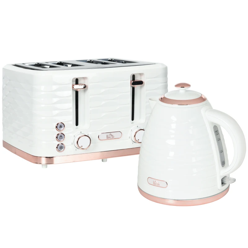HOMCOM Set Tostadora y Tetera 2 en 1, 7 Niveles de Tostado, Función de Descongelado y Recalentamiento, Blanco crema
