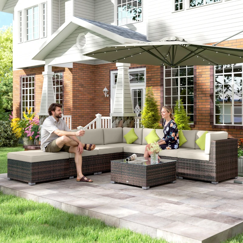 Outsunny 8 Piece Rattan Corner Sofa Set with Wide & Deep Seat, Assembled Aluminium PE Rattan Garden Furniture Set with Thick Cushions and Glass Top Table for Outdoor, Conservatory, Mixed Brown
