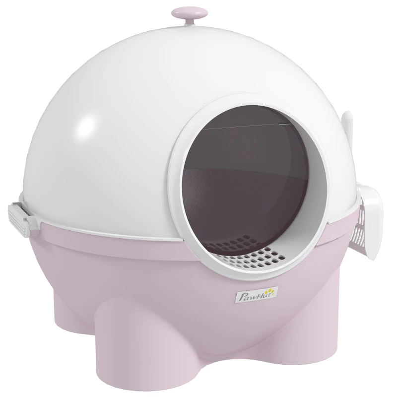 PawHut Litière pour Chats 4kg Max avec Couvercle et Pelle Inclus, 53x51x48 cm, Blanc et Rose