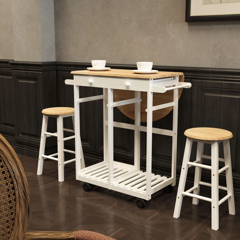 HOMCOM Carrello da Cucina Pieghevole, Mobile da Cucina Salvaspazio con 2 Sgabelli 2 Cassetti 5 Ruote (Rotazione 360°), Legno MDF Bianco