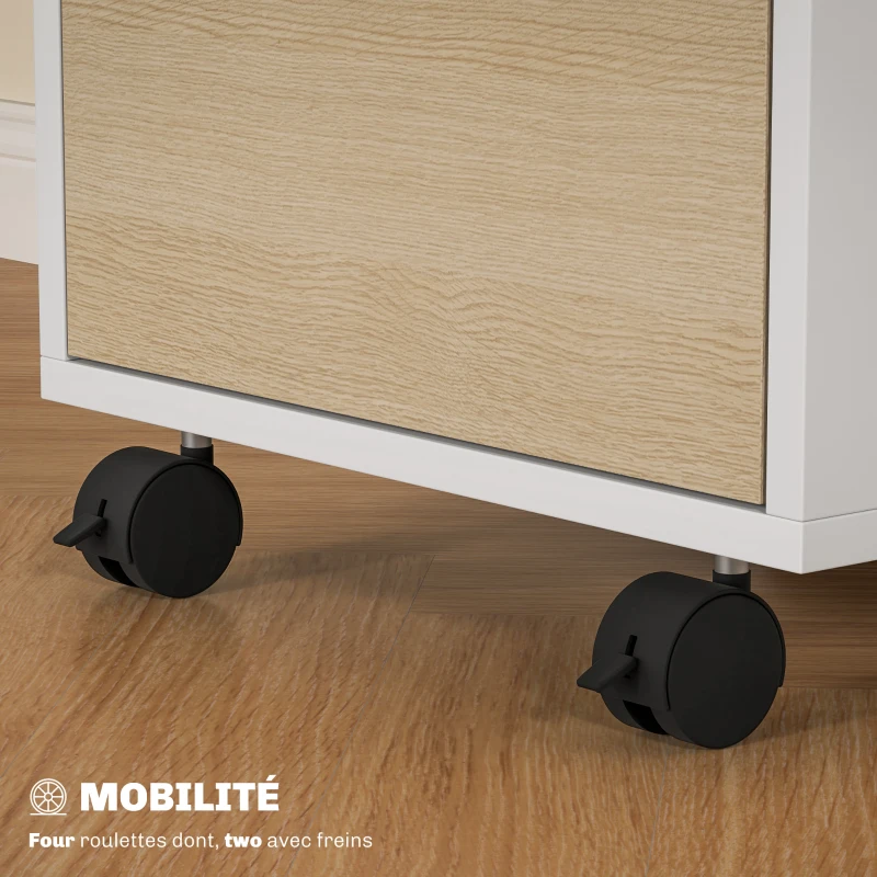 HOMCOM Caisson de bureau à roulettes avec 3 tiroirs et serrure, meuble rangement bureau sur roulettes, 40 x 40 x 63,5 cm, chêne