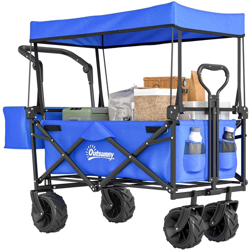 Outsunny Folding Trolley Cart Storage Wagon Beach Trailer 4 Wheels with Handle Overhead Canopy Cart Push Pull for Camping, Blue