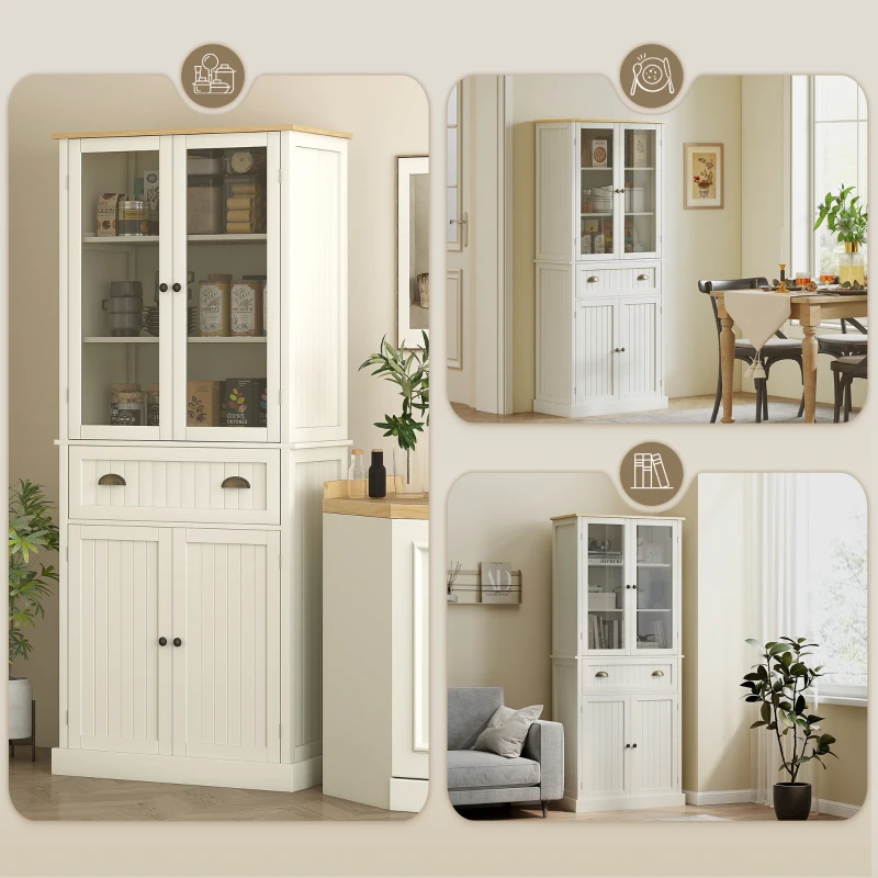 HOMCOM Buffet meuble cuisine rangement armoire de cuisine 4 portes dont 2 portes vitrées et 1 tiroir hauteur 182,5 cm avec étagères réglables - beige(m-8)