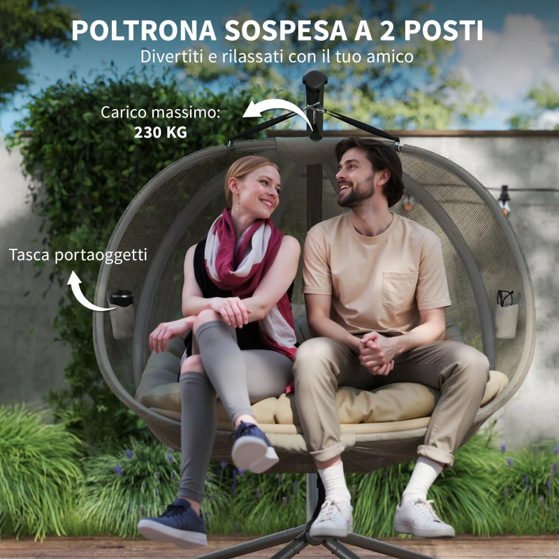 Outsunny Poltrona Sospesa 2 Posti per Giardino e Casa con Struttura in Acciaio e Cuscino, 132x126x172cm