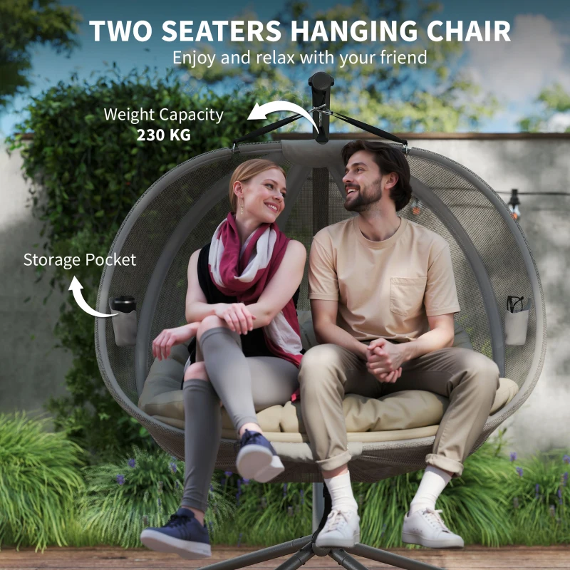 Outsunny Double Hanging Egg Chair 2 Seaters Texteline Swing Hammock Chair with Stand, Cushion and Folding Design, for Indoor and Outdoor, Brown