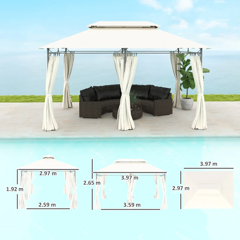 Outsunny Gazebo da Giardino 3x4 m con Tende Rimovibili, Doppio Tetto e Struttura in Metallo, Crema