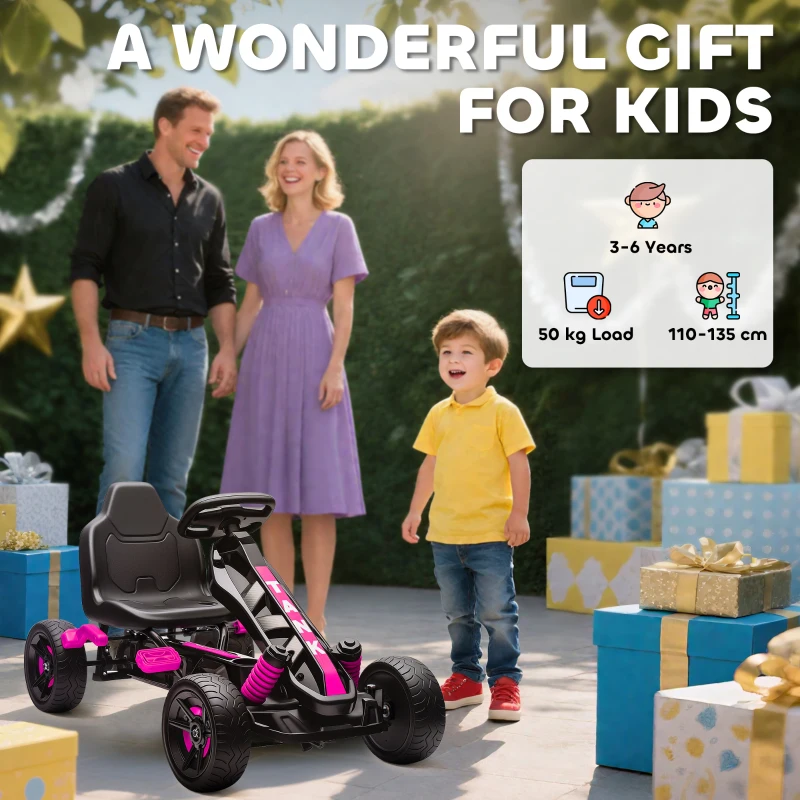AIYAPLAY Kart a pedales para niños, karting infantil 3 a 6 años con embrague automático, freno, ruedas EVA antideslizantes, rosa
