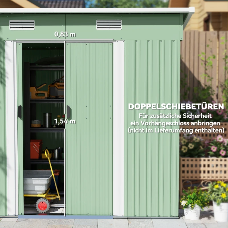 Outsunny Gerätehaus Metall 2,3 m² 207 x 130 x 182 cm Geräteschuppen mit Pultdach Fenster Bodenrahmen Grün(m-5)