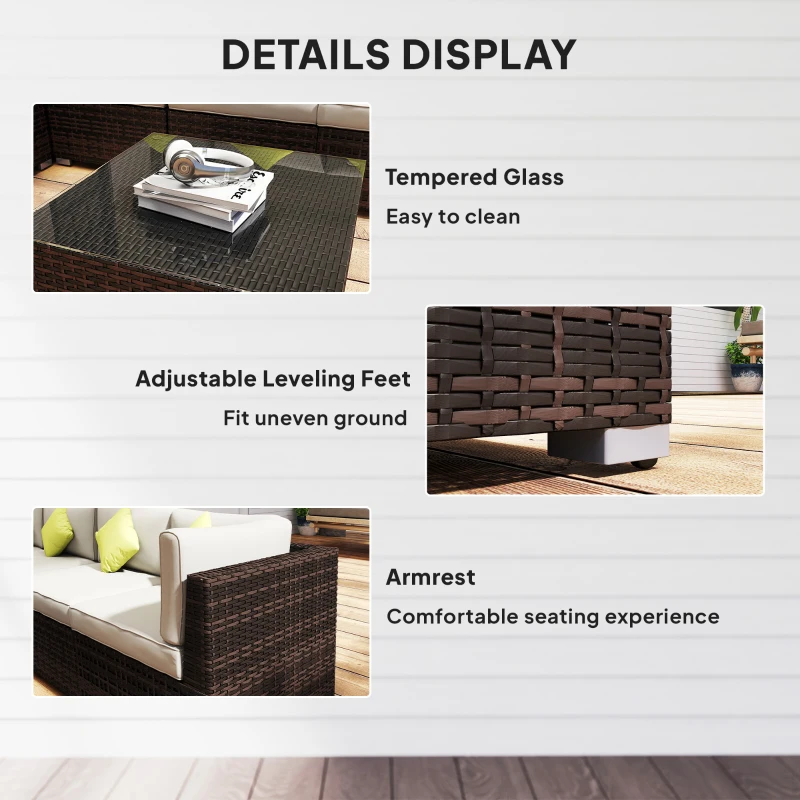 Outsunny 8 Piece Rattan Corner Sofa Set with Wide & Deep Seat, Assembled Aluminium PE Rattan Garden Furniture Set with Thick Cushions and Glass Top Table for Outdoor, Conservatory, Mixed Brown