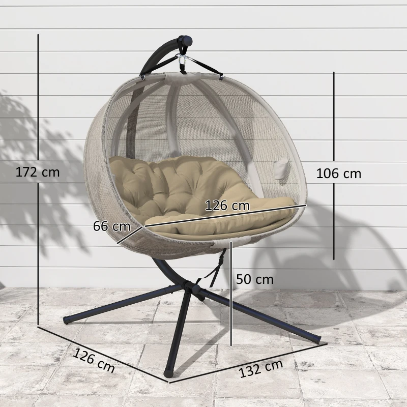 Outsunny Double Hanging Egg Chair 2 Seaters Texteline Swing Hammock Chair with Stand, Cushion and Folding Design, for Indoor and Outdoor, Brown