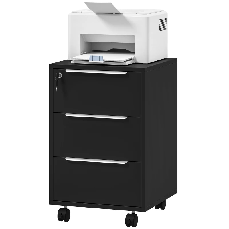 HOMCOM Caisson de bureau à roulettes avec 3 tiroirs et serrure, meuble rangement bureau sur roulettes, 40 x 40 x 63,5 cm, noir
