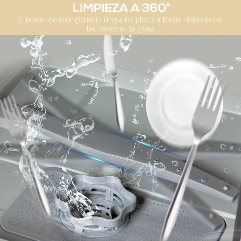 HOMCOM Lavavajillas Pequeño con 5+1 Programas Dos Modos de Suministro de Agua Depósito de Agua de 6L Pantalla LED Blanco