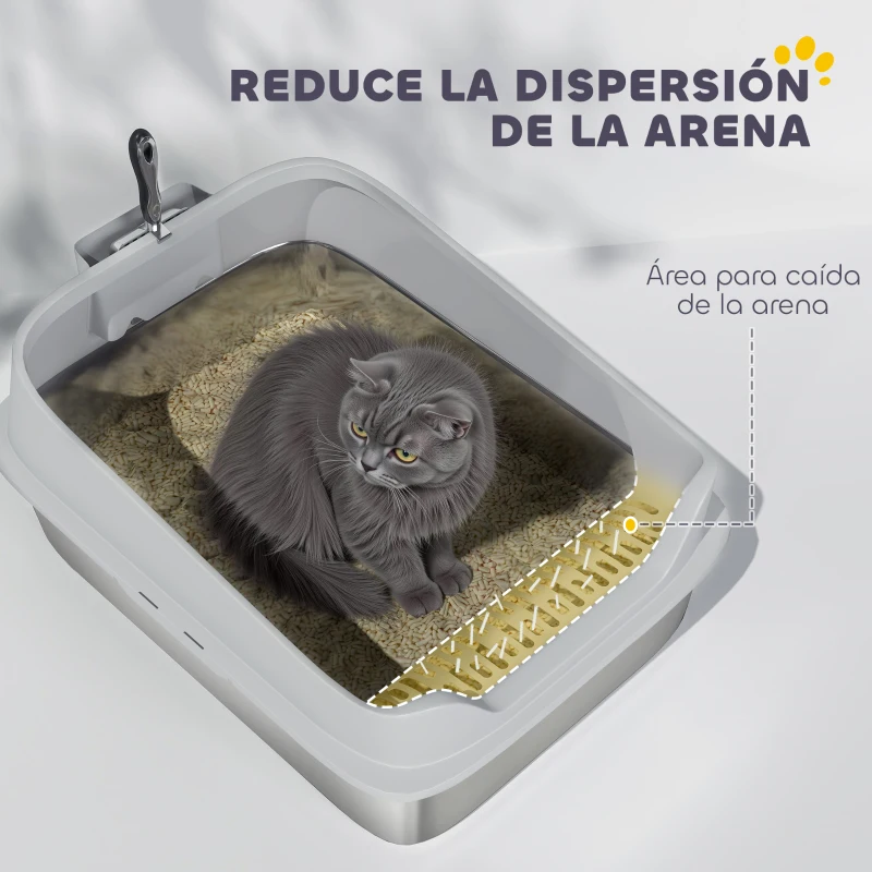 PawHut Arenero para Gatos de Acero Inoxidable XXL con Borde Alto Pala Fácil de Limpiar Prueba de Fugas 70x50x30 cm Gris