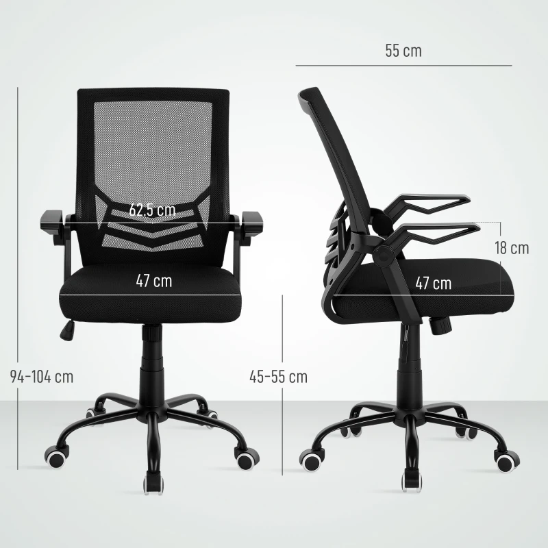 Vinsetto Mesh Office Chair, Computer Desk Chair with Flip-up Armrests, Lumbar Back Support and Swivel Wheels, Black