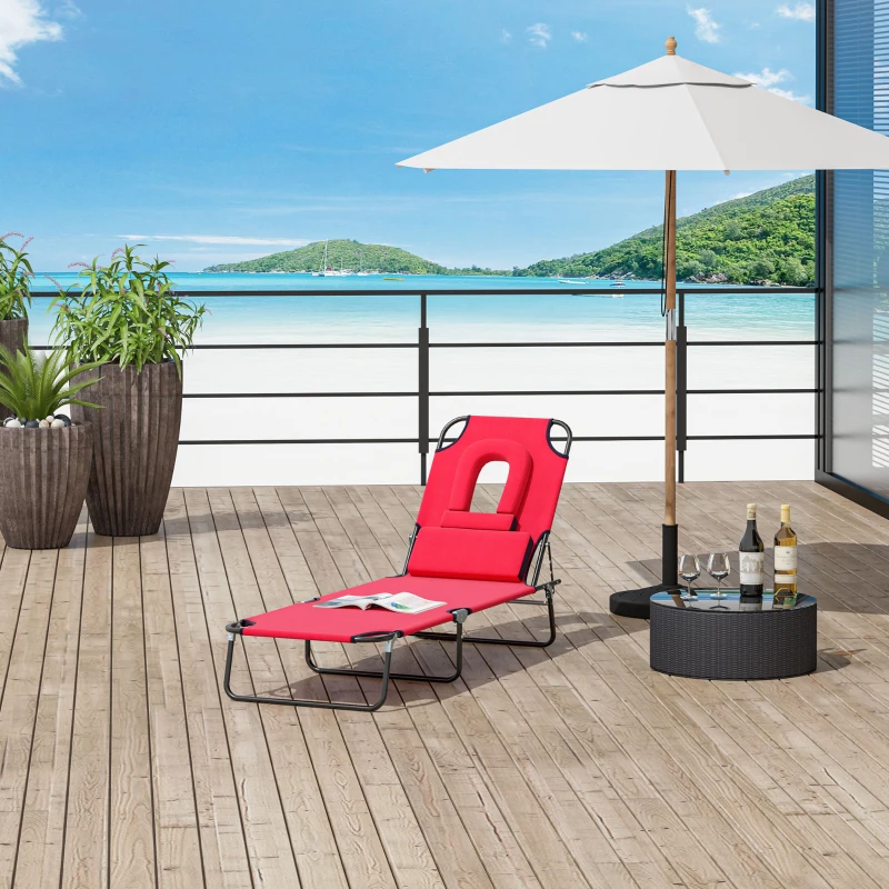 Outsunny Bain de Soleil Pliable transat inclinable 4 Positions Chaise Longue 3 Coussins fournis Rouge