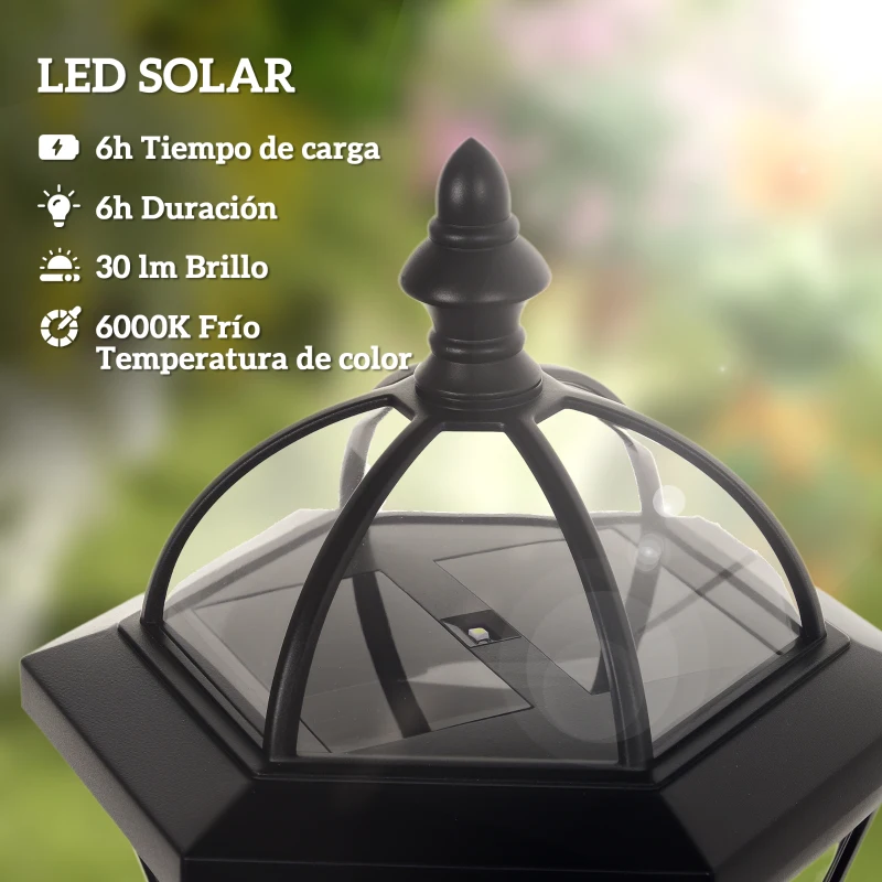 Outsunny 2 Farolas Solares de Jardín con Luz LED Blanca 6000K IP44 Set de 2 Farolas de Exterior 18,5x18,5x129 cm Negro