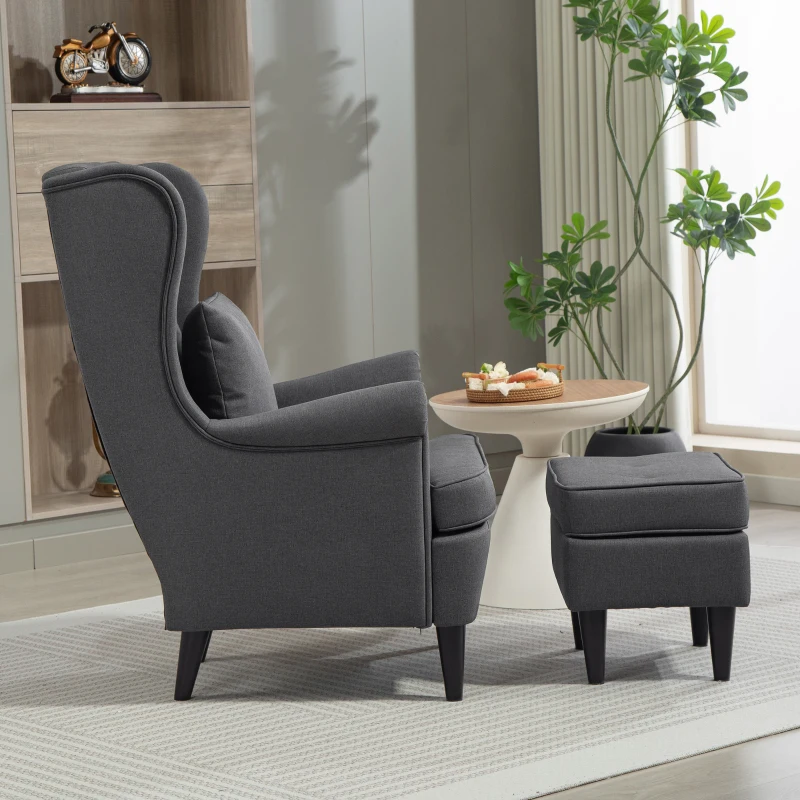HOMCOM Sillón con Reposapiés Respaldo Alto Capitoné Patas de Madera Almohada Acolchada y Tapizado en Lino Gris