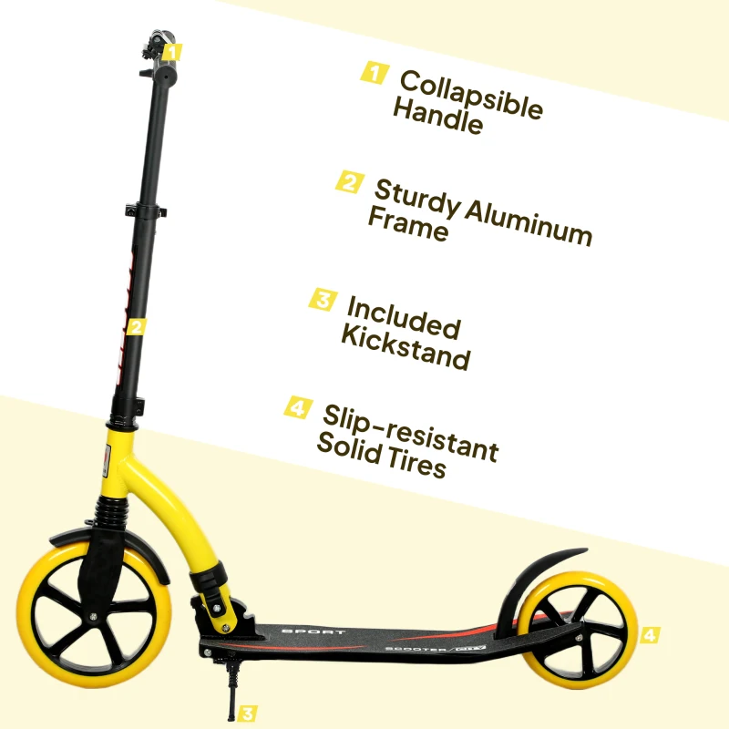 HOMCOM Foldable Kick Scooter with Double Shock Absorption and Big Wheels, Height Adjustable Aluminium Frame Big Wheel Scooter for 14+ Teens Adult - Yellow