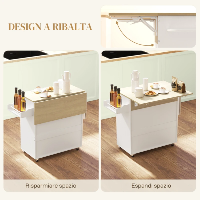 HOMCOM Isola per Cucina con Cassetto, Armadietto, Portaspezie e Portasciugamani, 106x42x87 cm, Bianco e Rovere