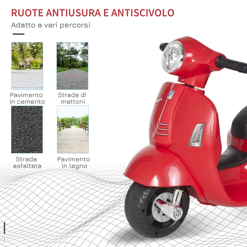 HOMCOM Moto Elettrica per Bambini con Licenza Ufficiale Vespa Batteria 6V, Fari e Clacson, per Bimbi da 18-36 mesi, Rosso, 66.5x38x52cm