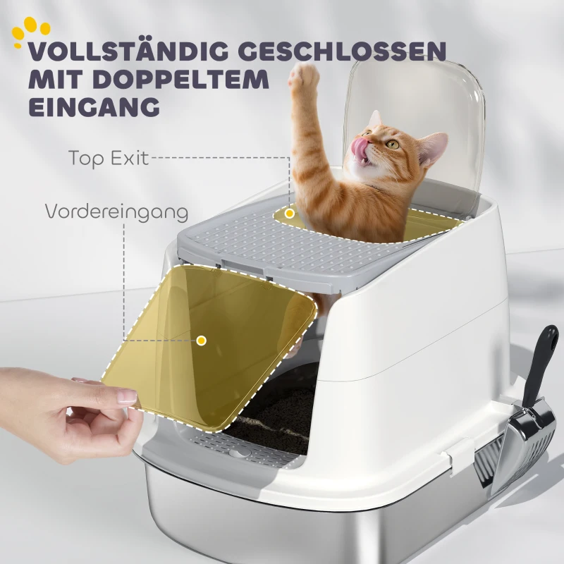 PawHut Roestvrijstalen kattenbak, gesloten kattenbak met schep, geurzak, ingang en uitgang(m-5)