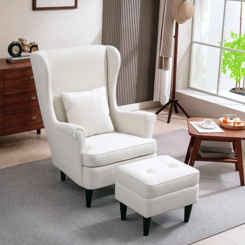 HOMCOM Sillón con Reposapiés Respaldo Alto Capitoné Patas de Madera Almohada Acolchada y Tapizado en Lino Beige