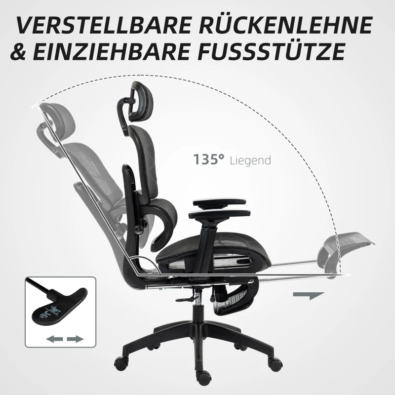 HOMCOM Bürostuhl, Ergonomischer Schreibtischstuhl mit Netzstoffbezug, verstellbar, rollbar, mit Armlehnen, Kopfstütze, Schwarz(m-6)